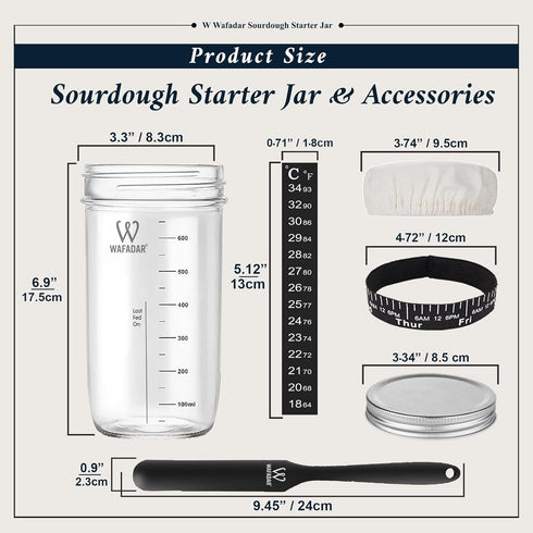 24 oz Upgraded Sourdough Starter Jar Kit Glass Jar with Date Marked Feeding Band, Thermometer, Scraper, Cleaning Brush