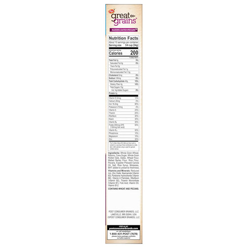 Great Grains 19 oz Raisins, Dates & Pecans Breakfast Cereal for Adults, Crunchy Clusters with Dried Fruit and Nuts