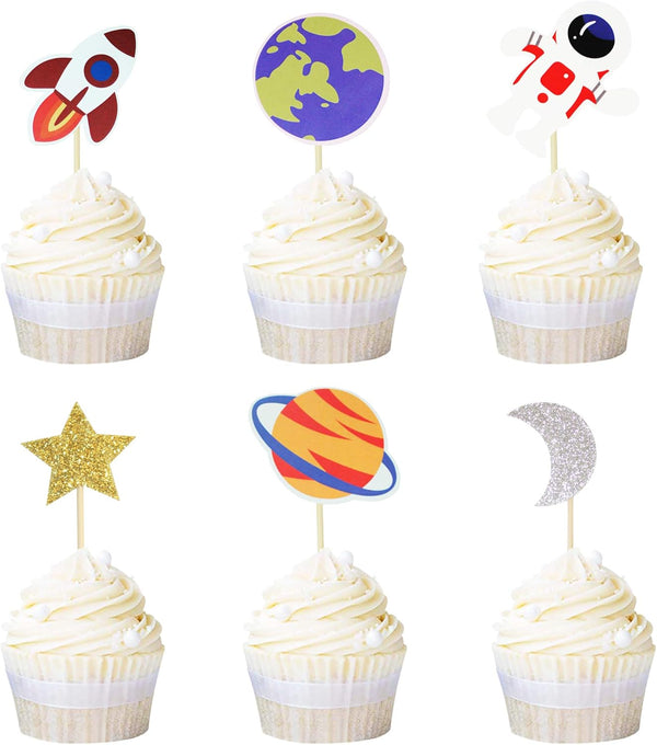Ercadio 36 Pack Space Astronaut Cupcake Toppers, Rocket Planet Picks for Baby Shower & Birthday Party