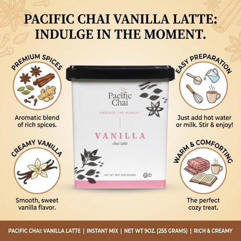 Pacific Chai 9 (Pack 1) Vanilla Chai Latte, Instant Powered Dry Chai Tea Latte Beverage Mix, Gluten Free, Kosher, Ounce