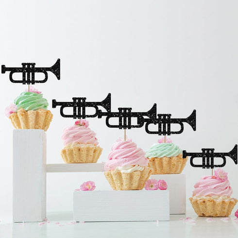 PINKAAJ Set 24 of Trumpet Cupcake Toppers for Music Theme Birthday, Black Glitter Trombone Music Instrument Sign