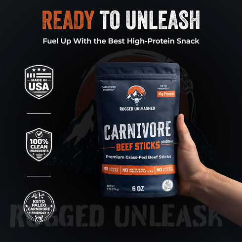 6 oz pack Rugged Unleashed Grass Fed Beef Sticks Premium Carnivore Snacks With High Protein Meat Sticks, Savory Beef