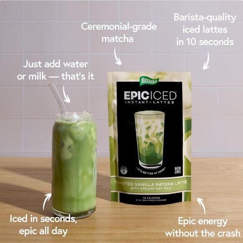 10 Matchabar Epic Iced Instant Latte Powder | Toasted Vanilla Matcha w/Oat Milk Base | Low Sugar, Non-Diary & Vegan