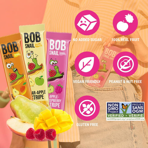 30 Pack BOB SNAIL Healthy Fruit Snacks for Kids and Adults Fruit Leather Snacks with Pear-Apple, Raspberry, Mango Vegan