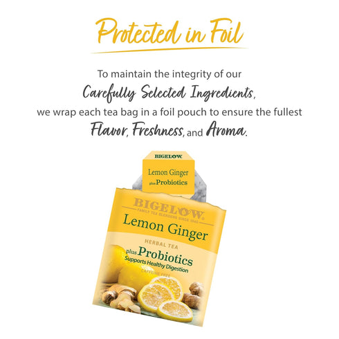 18 Count (Pack 6), 108 Bigelow Tea Lemon Ginger plus Probiotics Herbal Tea, Caffeine Free Tea with Lemon and Ginger