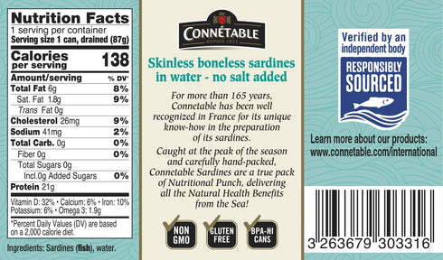 4.375 Pack 12 Sardines | Connetable | Sardines in Water | Skinless Boneless | No salt added | Ounce |