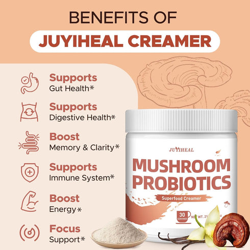 210g 6 JUYIHEAL Mushroom Coffee Creamer, Mushroom Probiotic Coffee Creamer with Adaptogenic Mushrooms, Cordyceps