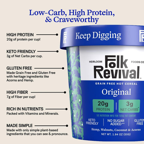 20g 3g 6 Folk Revival Original Keto Instant 'Oatmeal' - Protein, Net Carbs, High Fiber, Non GMO, Gluten Free, Made