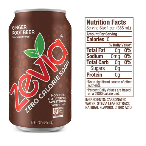 Zevia 12 16 Zero Calorie Soda, Ginger Root Beer and Cream Soda, and Ounce Cans