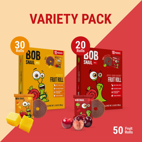 50 Pack, 500g Bob Snail Fruit Roll Ups Natural Fruit Snacks (Mango & Sour Cherry), Vegan, No Added Sugar, Healthy