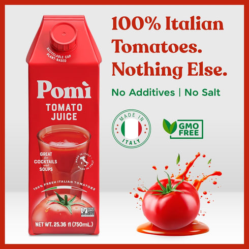 25.36 oz (Pack 6) 100% Pom Tomato Juice fl of - Made from Fresh Italian Pomi Tomatoes - Low Sodium Tomato Juice