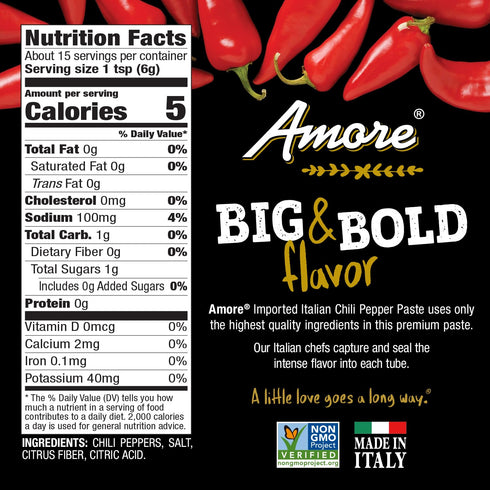 Amore Vegan Chili Pepper Paste in a Tube, Non-GMO Certified, Made in Italy (Pack of 1)