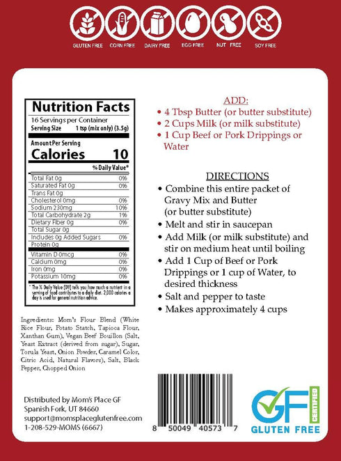 2.0 oz Mom's Place Gluten-Free & Vegan Beef or Pork Gravy Mix, Soy Free & Dairy Free, Corn Free