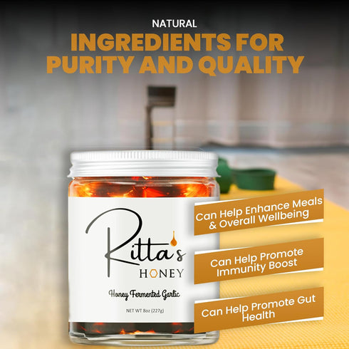 Ritta's Honey 100% Fermented Garlic Honey to Enhance Meals and Overall Wellness. Pure, Nutrient Rich Raw California