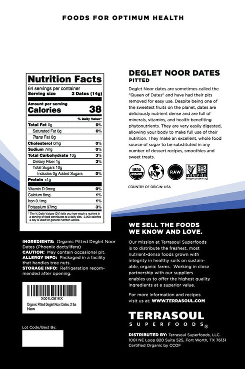 4 Lbs (2 Pack) Terrasoul Superfoods Organic Deglet Dates, - Pitted | Fresh | Natural Sweetener