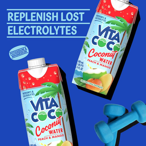 16.9 Oz (Pack 12) Vita Coco Coconut Water, Peach & Mango - Naturally Hydrating Electrolyte Drink - Smart Alternative