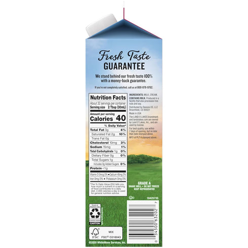 1 Land O Lakes Half And Half, Traditional, Coffee Creamer, Quart