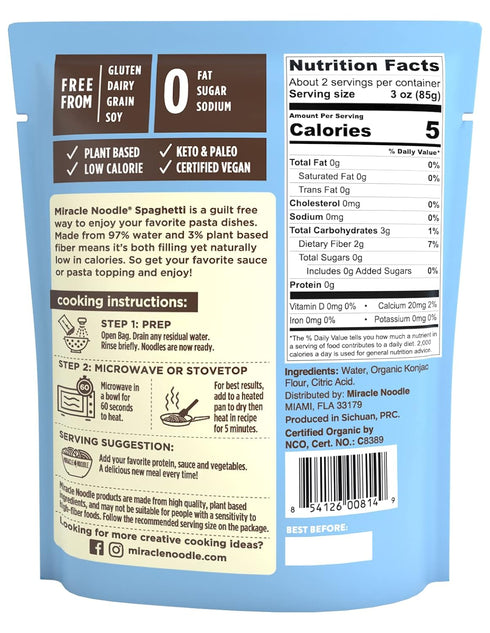 7 Oz (Pack 6), 5 1g Miracle Noodle Ready to Eat Organic Spaghetti Pasta, of Plant Based Shirataki Konjac Noodles