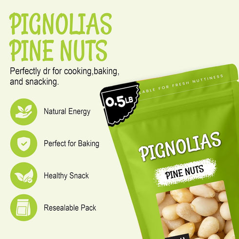 8oz Packed Oh! Nuts Pine Nuts (Pignolias) - Bag of Bulk Fresh Raw Pine Nuts for Baking, Snacking, Salads & Pesto