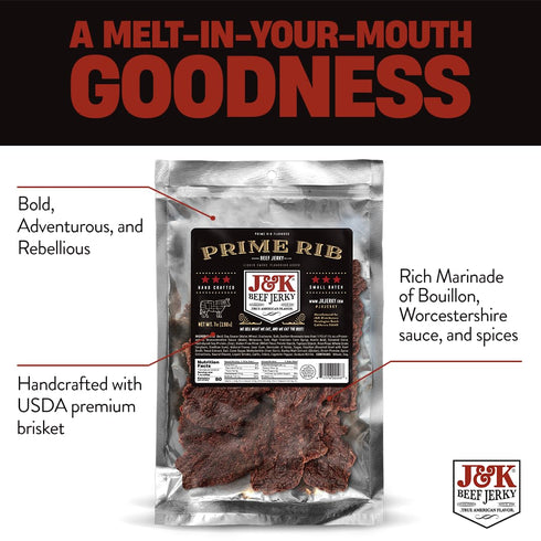 7oz J&K Jerky Prime Rib Beef Jerky - Authentic American Made Slab Jerky for a Delicious Protein Snack - Big Bag