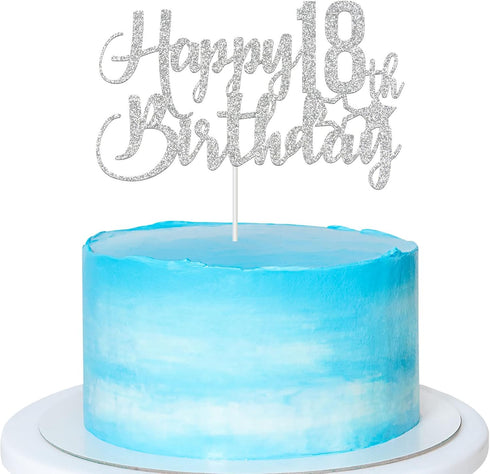 Silver Glitter Happy 18th Birthday Cake Topper - 18th Birthday Party Decoration