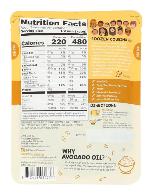 Dozen 10oz (6-Pack) A Cousins Brown Sugar Baked Beans Prepared Food Pouch, Ready to Eat Meal in Seasoned Avocado Oil
