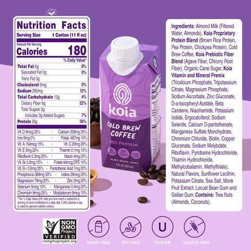 20g 3g 6g 21 11 Oz (Pack 12) Koia Plant Based Protein Shake, Cold Brew Coffee, Protein, Sugar, Prebiotic Fiber