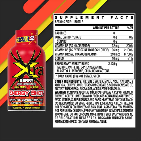 2 12ea 2 oz Stacker Energy Shot Extra Strength Berry Flavor: - Fl