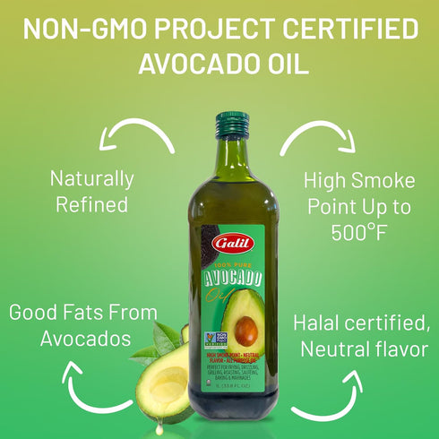 100% 500F 1 Galil Pure Avocado Oil - High Smoke Point Non-GMO, Vegan, Halal Certified - Perfect for Cooking, Baking