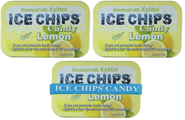 ICE CHIPS Xylitol Candy Tins - 5.28 oz total (Lemon, 3 Pack)