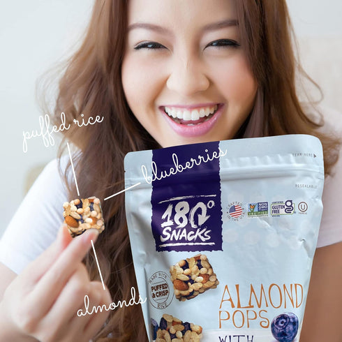 180 9 15 oz Snacks Almond Rice Pops with Blueberries - Tasty, Bite-Size Healthy Snacks with Ingredients - Non GMO