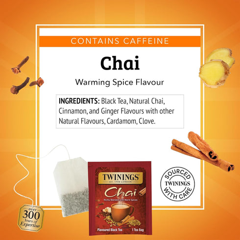 20 Count (Pack 1), 20 Twinings Chai Black Tea Individually Wrapped Bags, of Sweet, Savoury Spices, Caffeinated, Enjoy