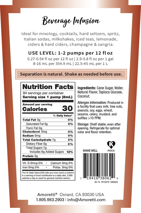 94 (750 ml) Amoretti - Coconut Beverage Infusion, Servings Per Bottle - Drink Mix & Water Enhancer with Pump