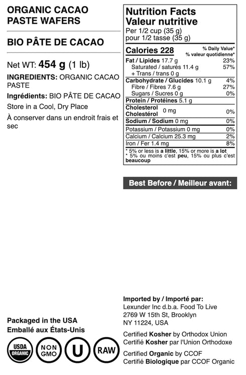 1 Food to Live Organic Cacao Paste, Pound - Non-GMO Cacao Liquor, Kibbled, Chopped Wafers Bars, Pure, Unfiltered