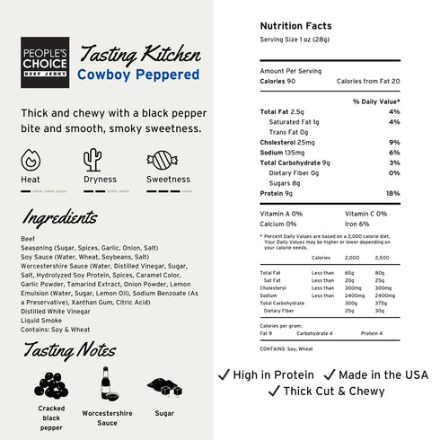 9g 1 (16 oz) Peoples Choice Beef Jerky Tasting Kitchen Cowboy Peppered Sweet & Smoky Protein Made in USA Pound Bag
