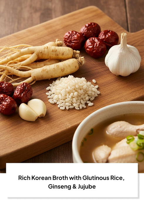 (21.2 oz 600g) Korean Food Korean-Style Ginseng Chicken Soup (Samgyetang), Half Chicken with Rice, Ginseng & Jujube