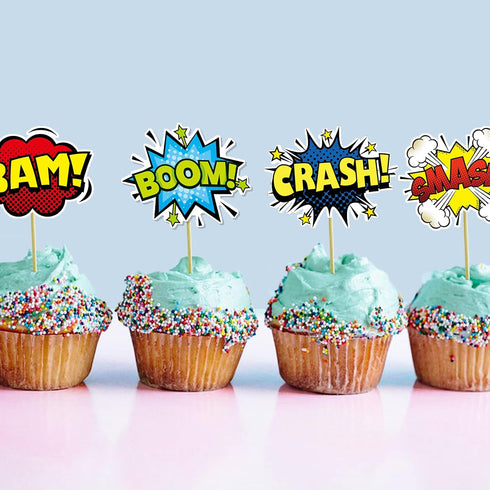 SuperHero Boom Cupcake Toppers 48 Pack, Happy Birthday Cake Decor for Kids Hero Theme Birthday Party Supplies
