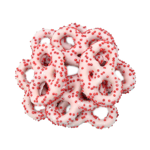 1 Lb Valentine's Day Strawberry Yogurt Covered Pretzels with Red Nonpareils, Pink, Jar