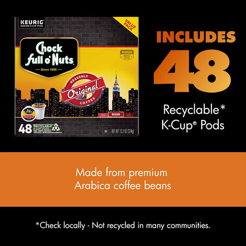 1 Pack 48 Chock Full o' Nuts Heavenly Original Keurig K-Cup Pods for Keurig Brewers Premium Arabica, Medium Roast