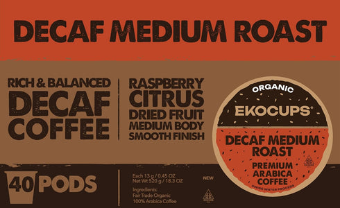 30% 40 Count EKOCUPS Organic Swiss Water Decaf Medium Roast Coffee Pods, More Coffee Per Cup, Fair Trade Decaffeinated