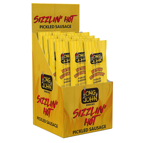 12 Pack Long John Snacks Sizzlin' Hot Pickled Sausage - Smoked Gourmet Meat Stick - Hot Pickled Sausages High Protein