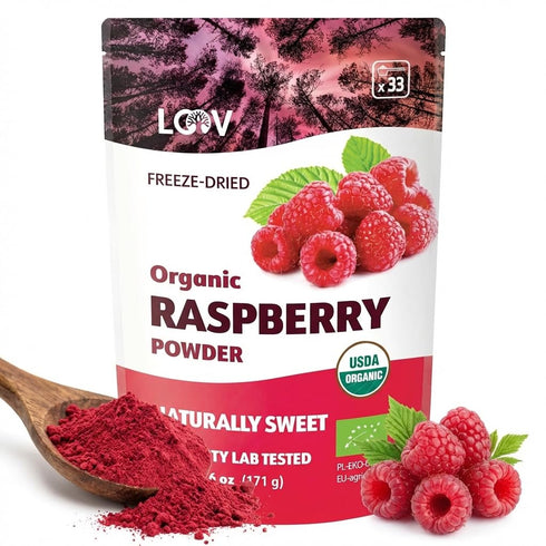 Organic Freeze-Dried Raspberry Powder 100% Natural Whole Fruit, Certified Organic Red Raspberries