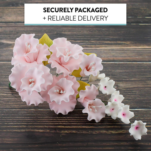 1 Count Sugar Blossom Cake Spray Gumpaste Flowers for Cake Decorating Soft Pink Cherry Blossoms with Green Leaves by