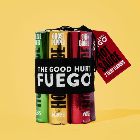 Set Packaging, Pack, Set 7 The Good Hurt Fuego, Hot Sauce Sampler Gift in Original Flavors Includes Habanero, Ghost