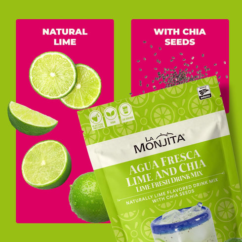 100 (1kg 35.2oz) La Monjita Agua Fresca Lime and Chia - Naturally Lime Flavored Drink Mix With Chia Seeds - Servings /