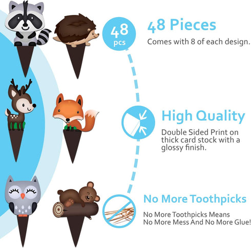 Pretty Cute Studios 48 Count Woodland Animals Cupcake and Cake Toppers – Includes 8 Owls, 8 Teddy Bears, 8 Raccoons, 8