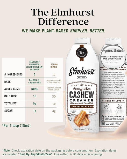 1925 25.4 (Pack 6) Elmhurst Cinnamon Churro Cashew Creamer - Dairy-Free, Vegan, Kosher, Low Sugar, Shelf Stable Creamer