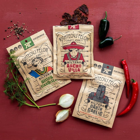 Pack Packs 3 Pack Righteous Felon Biltong Beef Jerky Variety | South African Biltong Snack for Adults | High Protein