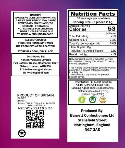 250g Barnetts Sweets Mega Sour Candy Bubblegum