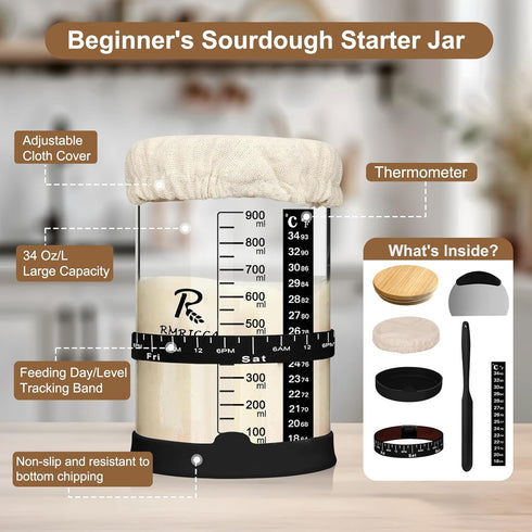 RMRICCA 34oz Pro Sourdough Starter Jar Glass Large Capacity wreck jars with glass lid, Fermenters Tool for Home Bakers